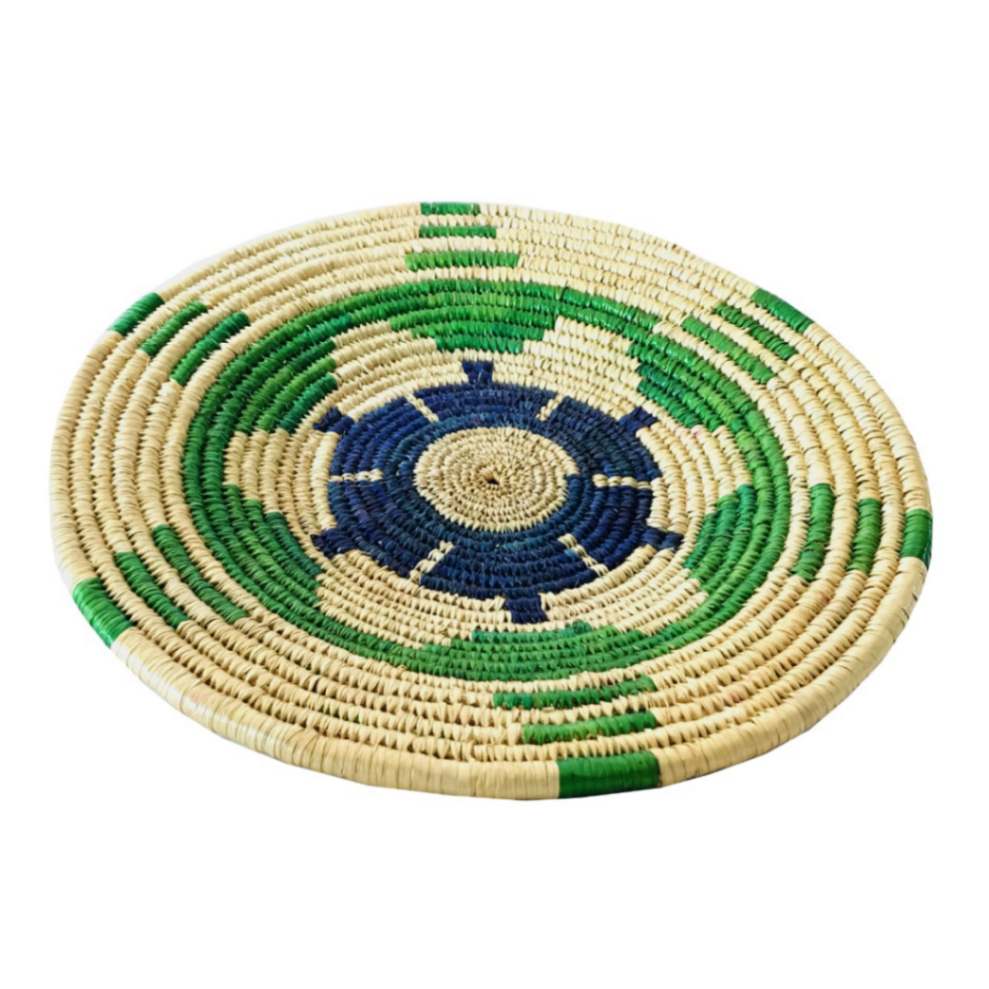 Natural Harmony: Handwoven Sikki Mat in Green and Blue